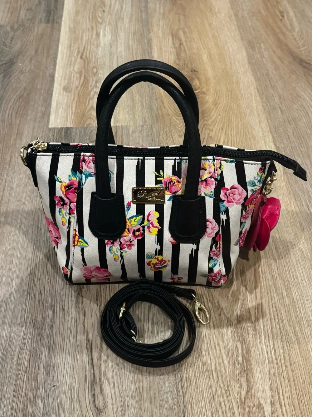 Luv Betsey by Betsey Johnson Mini Satchel Black White Striped Floral Purse Rose
